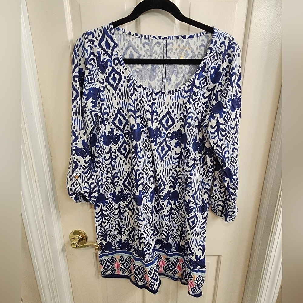 Lilly Pulitzer Ocean Ridge Dress Sz L BlueWhite Pink Orange 100% Cotton